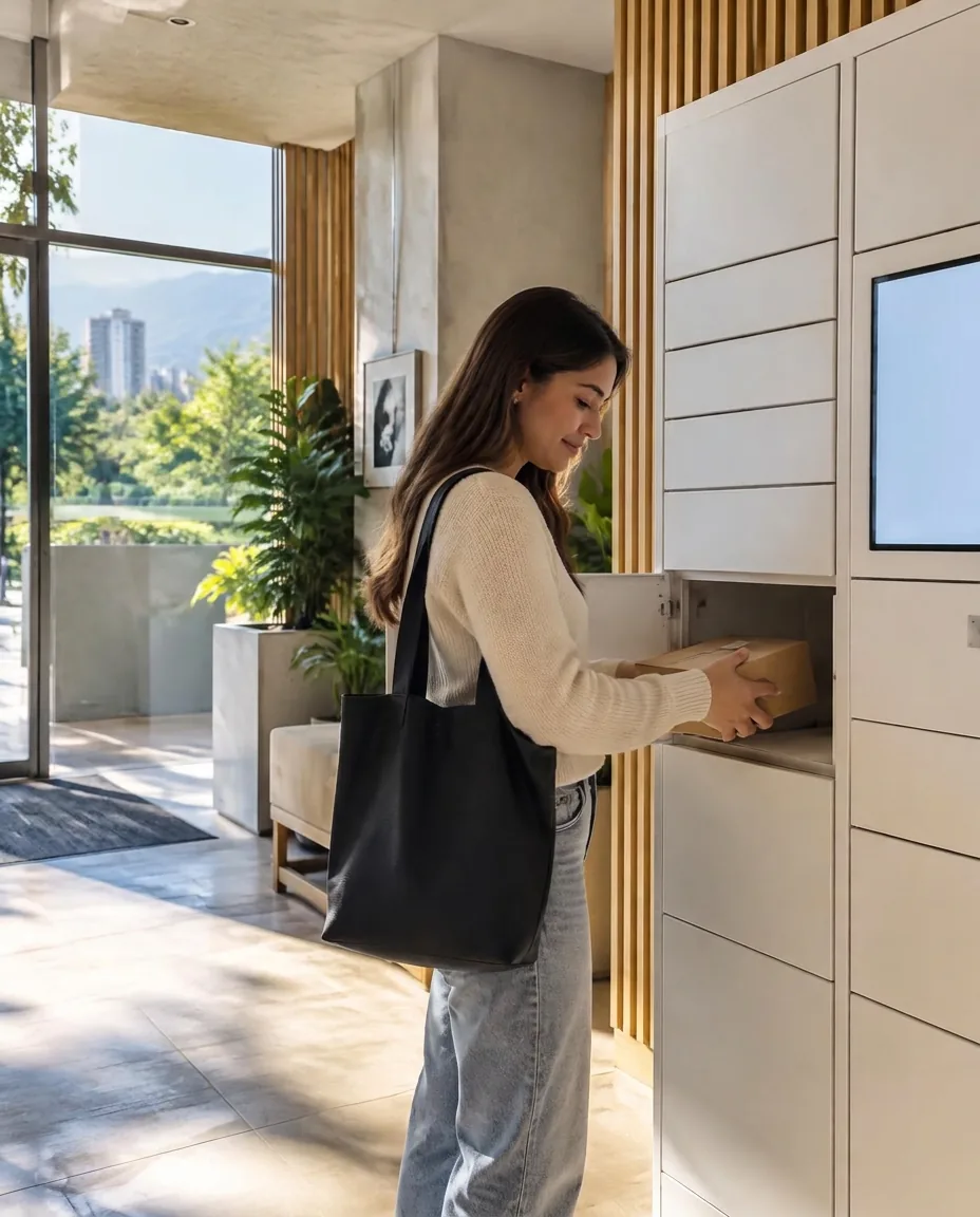 Vecina retirando su paquete de un locker YA LLEGÓ en el hall de su edificio