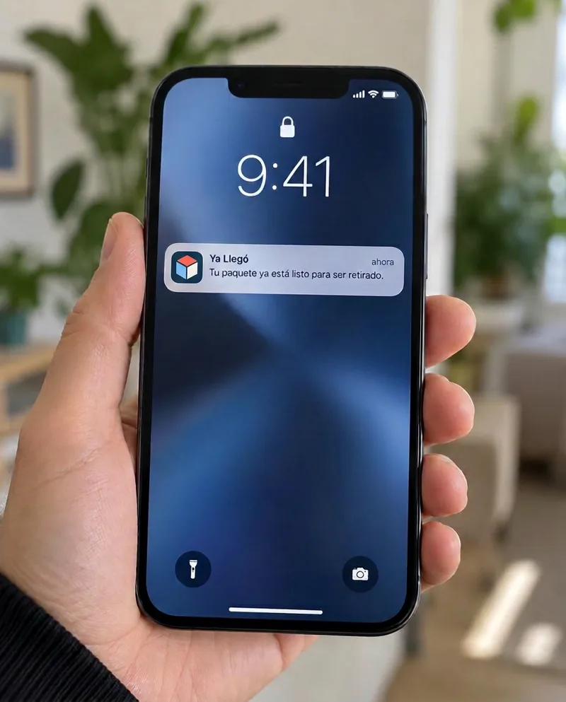Celular mostrando la notificación «Ya Llegó: tu paquete ya está listo para ser retirado»